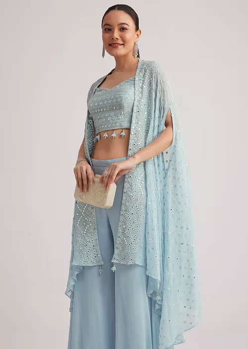 sky blue georgette palazzo set with embroidered cape sg294799 4